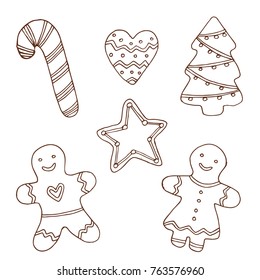 Vector Christmas gingerbread cookies set. Hand drawn isolated decoration