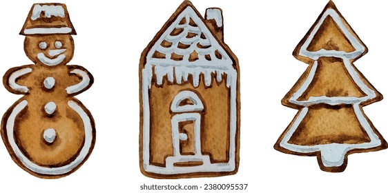 Vector Christmas gingerbread cookies with white icing with the shape of  snowman and Christmas tree house white background watercolor drawing