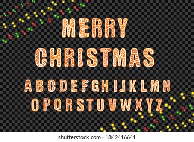 Vector Christmas Gingerbread Font Isolated on Dark Transparent Backgrounds, Holiday Lights, Hand Drawn Illustration.