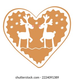 vector Christmas gingerbread in the form of a heart with reindeer frosting.