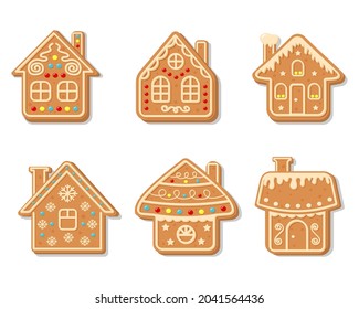 Vector Christmas gingerbread houses collection. Sweet homemade glazed biscuits.