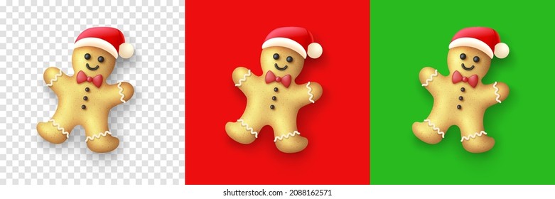 Vector of Christmas gingerbread man with santa claus hat isolated on red, green and transparent background.Christmas biscuit or cookie in shape of man for new year's day.
