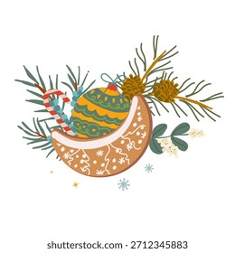 Biscoito de lua de gengibre de Natal vetor com baga de neve, ramo de pinho, zimbro, ilustração de bolha isolado no fundo transparente. Clipart de Natal para fundo de alimentos, cartões de saudação, convite