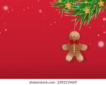 Vector Christmas gingerbread red background with Christmas tree branch. Xmas design with winter Cookie, Christmas tree, snowflakes and snow. Copyspace for text. Template for cards, banner, poster.
