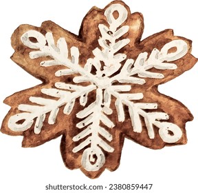 
Pan de jengibre de Navidad vectorial en forma de copo de nieve con hielo blanco, tradición navideña, dibujo de acuarela artesanal