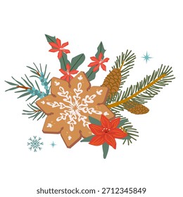 Biscoito de estrela de floco de neve de gengibre de Natal vetor e cacto de natal, amarillis ilustração de flor isolada em fundo transparente. Clipart de Natal para fundo de comida de padaria, cartões de felicitações,