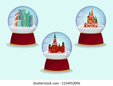 Vector Christmas Glass globe with the falling snow and St. Basils Cathedral, Kremlin and Moscow-City in it.Moscow