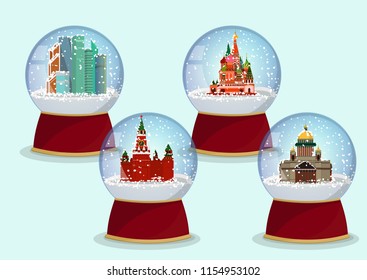 Vector Christmas Glass globe with the falling snow and St. Isaac's Cathedral, St. Basils Cathedral, Kremlin and Moscow-City in it.Moscow