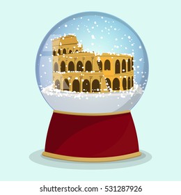 Vector Christmas Glass globe with the falling snow and Roman Coliseum in it.Rome