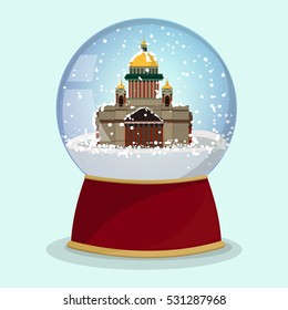Vector Christmas Glass globe with the falling snow and St. Isaac's Cathedral in it.Saint Petersburg