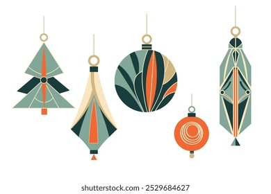 Vector Christmas glass tree toys in Art Deco style. Hand drawn doodle with flat elegant festive New Year decor. Modern winter Xmas set for design, flyer, paper, card, poster, print, congratulation