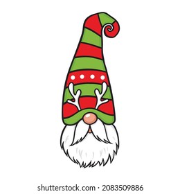 Vector Christmas Gnome with horns illustration. Cute elf isolated on white. Scandinavian Nordic cartoon character. Xmas design for holidays decoration, greeting cards, gift tags, t-shirt print.