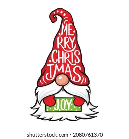 Vector Christmas Gnome illustration. Cute elf isolated on white. Scandinavian Nordic cartoon character. Xmas design for holidays decoration, greeting cards, gift tags, t-shirt print.