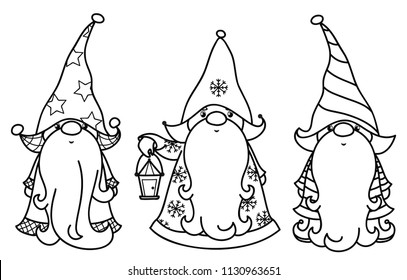 Vector  Christmas gnomes cartoons, black  silhouettes  isolated on white.