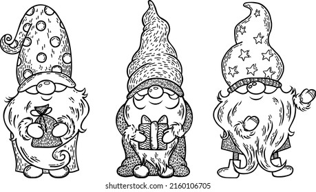 Vector Christmas gnomes cartoons. Cute Little Christmas Gnome Collection. New Year's gnomes with gifts in hats.