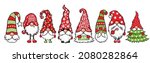 Vector Christmas Gnomes illustration. Gnome collection. Cute set with elf isolated on white. Cartoon characters. Xmas design for holidays decoration, greeting cards, gift tags, t-shirt print.