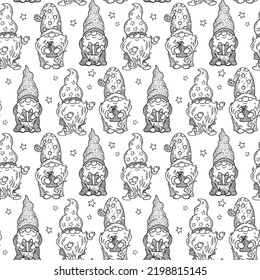 Vector Christmas gnomes pattern. Cute Little Christmas Gnome background. New Year's gnomes with gifts and in hats