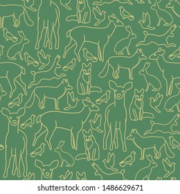 Vector Christmas Gold Deer Fox Rabbits Doves in Gold on Green Seamless Repeat Pattern