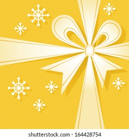 Vector Christmas gold gift box with light ribbon, big bow, snowflakes. Festive background for invitation, greeting card. Simple abstract holiday decorative winter illustration for print, web