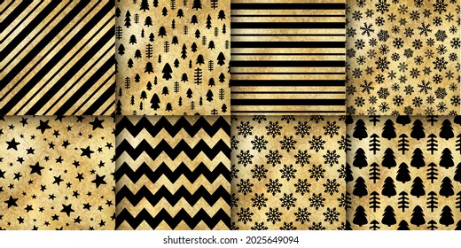 Juego de patrones sin problemas de oro de Navidad vectorial. Piel dorada de invierno repite textura con rayas, zigzag, copos de nieve dibujados a mano, estrellas, árboles de Navidad. Impresión de metal brillante de Holiday para el fondo, envoltura.