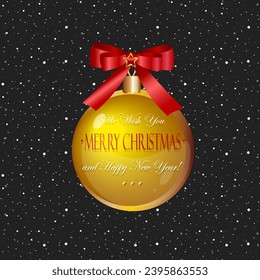 Vector christmas golden ball with red bow ribbon snow black background. Great decorative element for your Christmas and New year posters, banners and greeting cards.