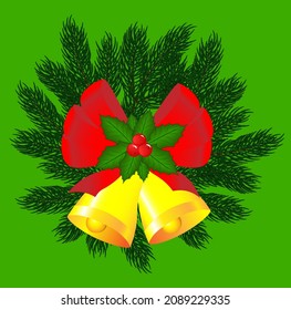 Vector campanas de oro navideñas con arco rojo, holly, fir