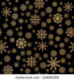 vector Christmas golden snowflake with black background seamless repeat pattern. Great for wallpaper, packaging, backgrounds, invitations ,cards and surface design.