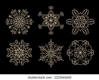 Vector Christmas golden snowflakes set on a black background