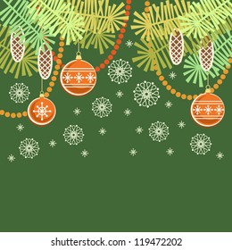 Vector christmas green background. Invitation, greeting card with stylized branches of christmas tree, cones, chaplets, red christmas ball. Abstract simple winter holiday illustration with text box