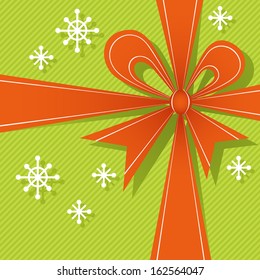 Vector Christmas green gift box with red ribbon, big bow, snowflakes. Festive background for invitation, greeting card. Simple abstract holiday decorative winter illustration for print, web 