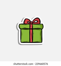 Vector Christmas green Gift icon with red bow in doddle style with shadow over white