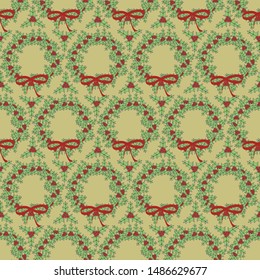 Vector Christmas Green and Red Wreath on Gold with Red Bow Seamless Repeat Pattern