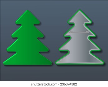 Vector christmas green tree badge over grey. Illustration