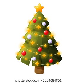 Vector Christmas green tree on white background. Beautiful shining New Year tree with decorations, balls, garland, lights and golden star on top. Festive spruce. Clip art for postcards and posters.