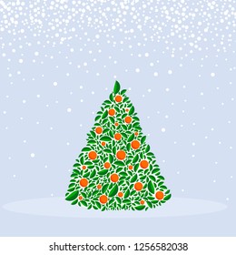 Vector christmas green tree with orange balls. Cartoon greeting card, festive poster or party invitations. Christmas and New year. Winter background with snowflakes.