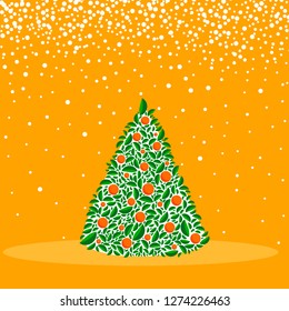Vector christmas green tree with orange balls. Christmas and New year. Isolated vector illustration. Cartoon greeting card, festive poster or party invitations.