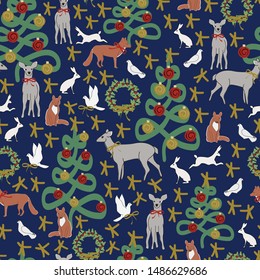 Vector Christmas Green Trees with Red Gold Ornaments and Deer Foxes Rabbits Doves Wreaths on Blue Seamless Repeat Pattern