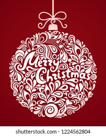 Vector Christmas greeting card with abstract swirl Christmas ball. Calligraphic "Merry Christmas" Lettering. Christmas swirly background.