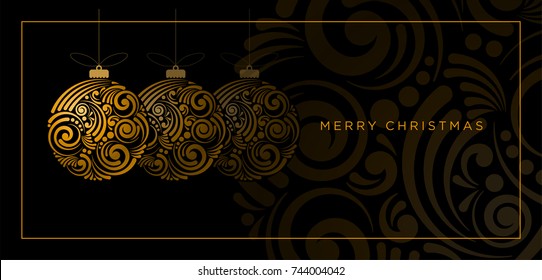 Vector Christmas greeting card. Abstract swirl Christmas ball on black background.