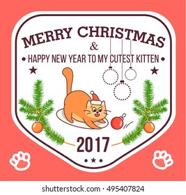 Vector Christmas greeting card in badge shape . Fat cat playing with xmas toy. Bright happy colors. Cute design in cartoon style on white background. Fir tree branches decorated with ornaments