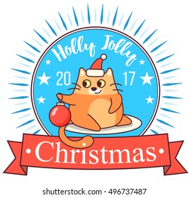 Vector Christmas greeting card in badge shape . Fat cat playing with xmas decoration. Bright happy red and blue colors. Cute design in cartoon style.