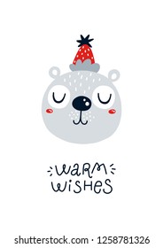 Vector christmas greeting card with bear Cute winter animal on white background Warm wishes