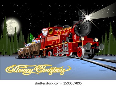 Vector Christmas greeting card with cartoon Santa Express train