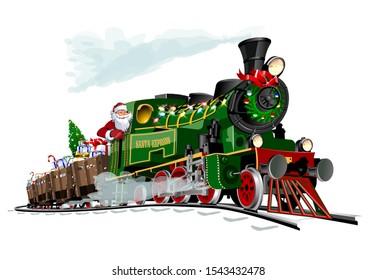 Vector Christmas greeting card with cartoon Santa Express train