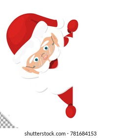 vector Christmas greeting card with cartoon happy Santa Claus in red hat and eyeglasses . illustration with typographic design with space for text on transparent background. xmas