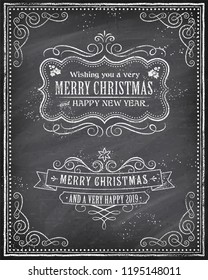 Vector Christmas Greeting Card with Chalk drawn "Merry Christmas and Happy new 2019 year" and a very cool background chalkboard