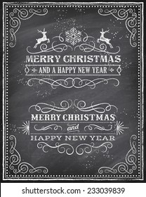 Vector Christmas Greeting Card with Chalk drawn "Merry Christmas and Happy new year" and a very cool background chalkboard. The art is fully layered for ease of editing.