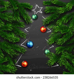 Vector Christmas Greeting Card. Chalk drawn Happy new year xmas tree