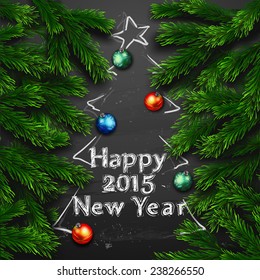 Vector Christmas Greeting Card. Chalk drawn Happy new year xmas tree