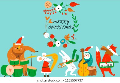 Vector christmas greeting card with cute music animal band in cartoon style